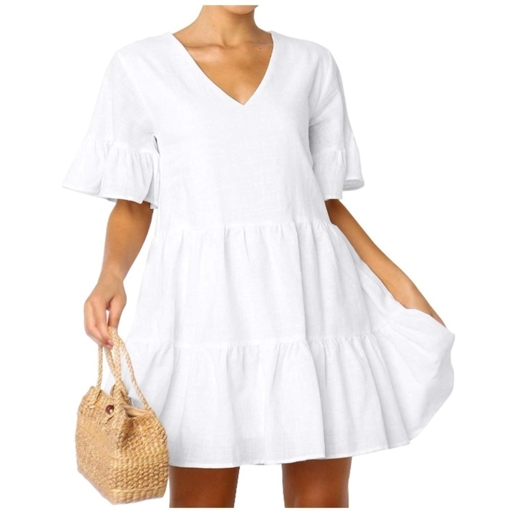 Amazon.com White Summer Swing Dress Tunic Bell Sleeve Tiered Dress Sz S